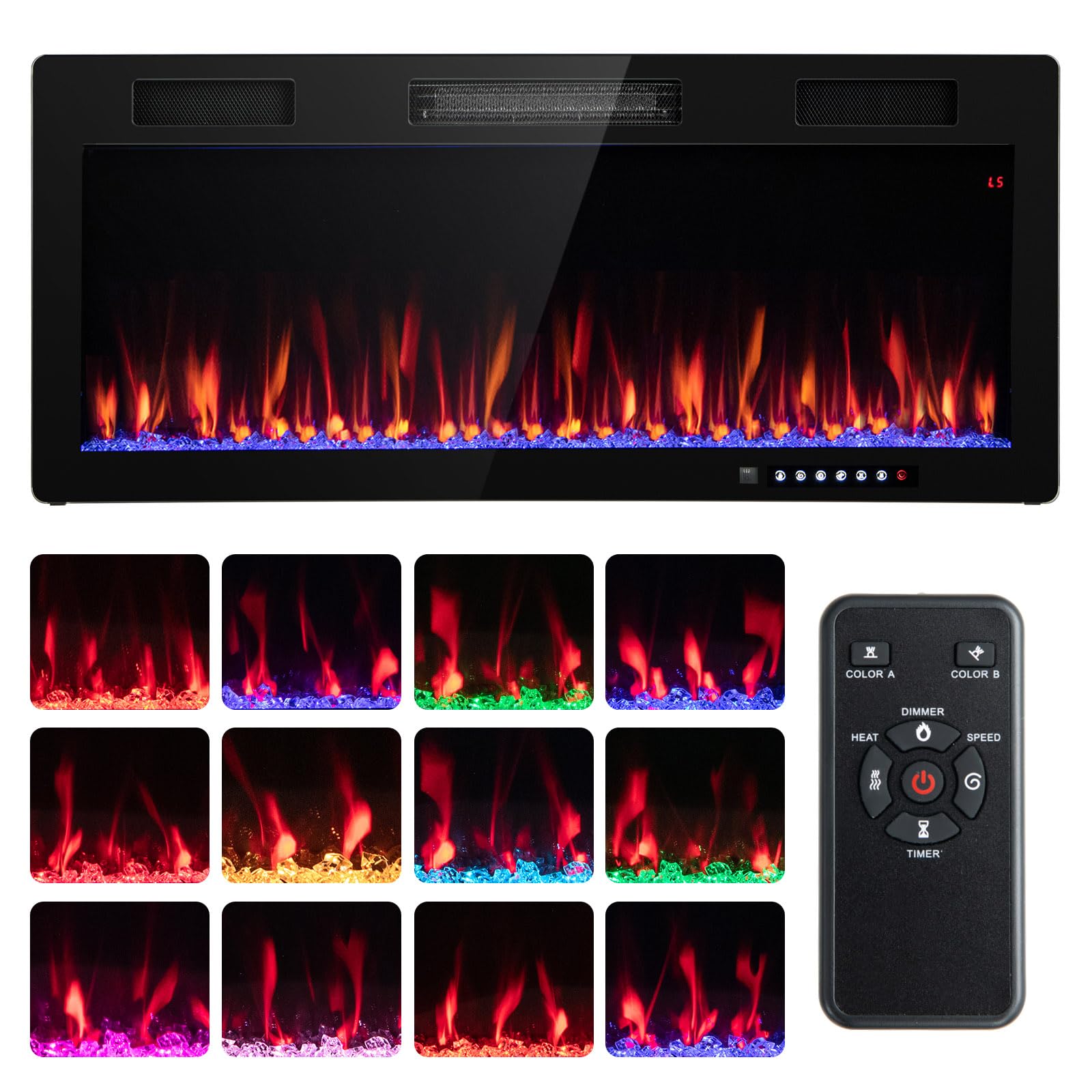 Tangkula 40 Inch Linear Electric Fireplace, Recessed & Wall-Mounted Fireplace Heater with Multi-Color Flame